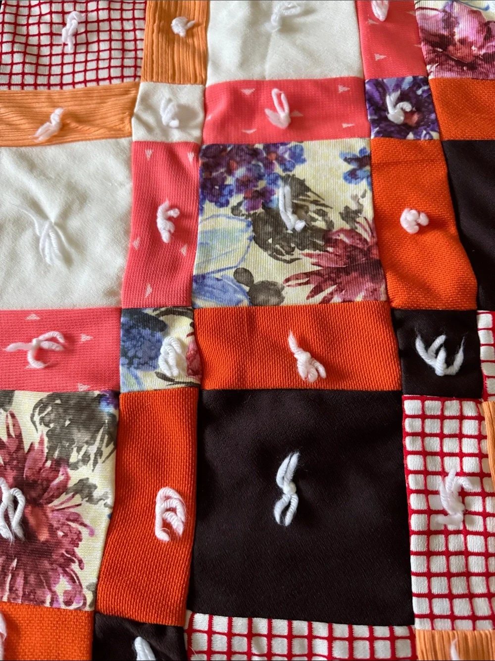 Handmade Patchwork Tied Quilt in Orange, Brown, Cream & Floral